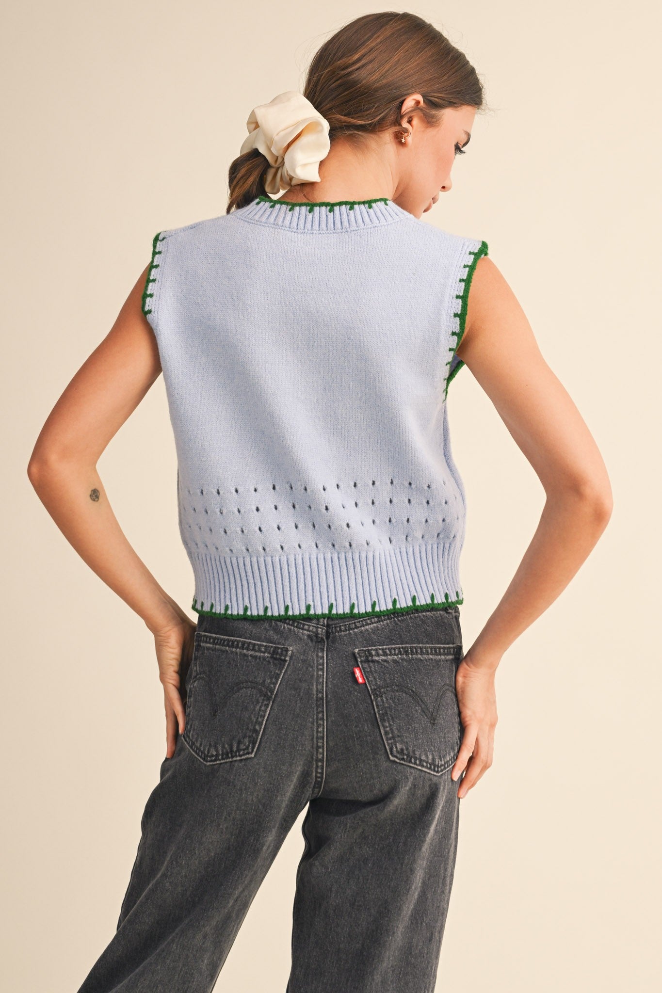 Blanket Stitch Sleeveless sweater- Blue/Green