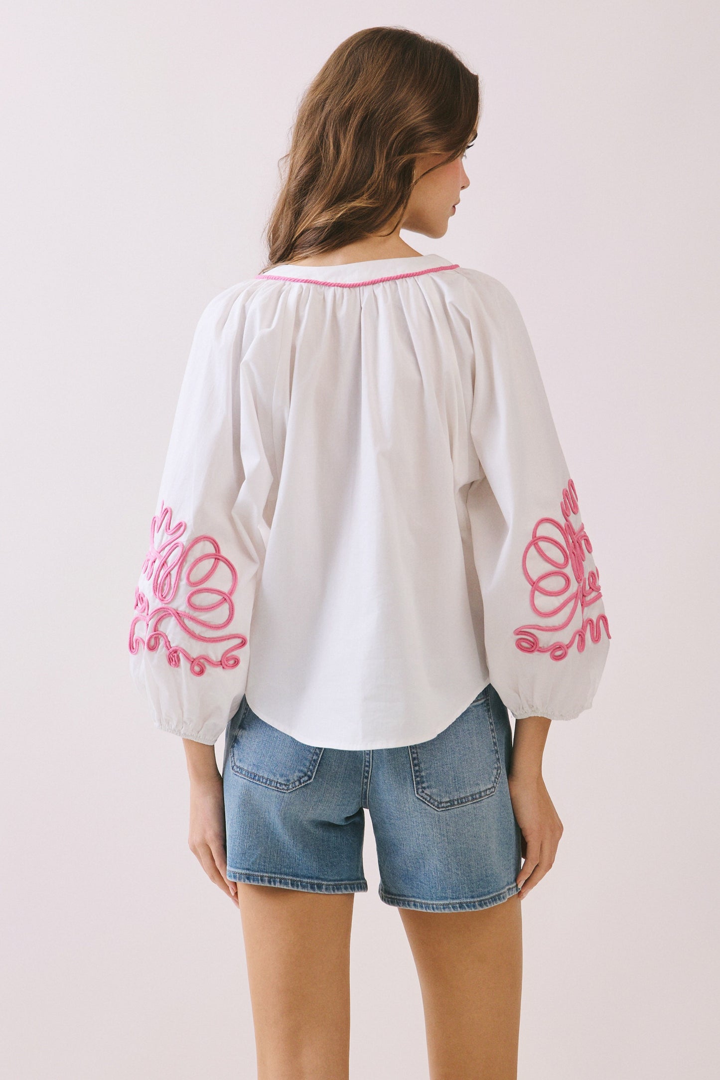 Embroidered Puff Sleeve Blouse- Pink