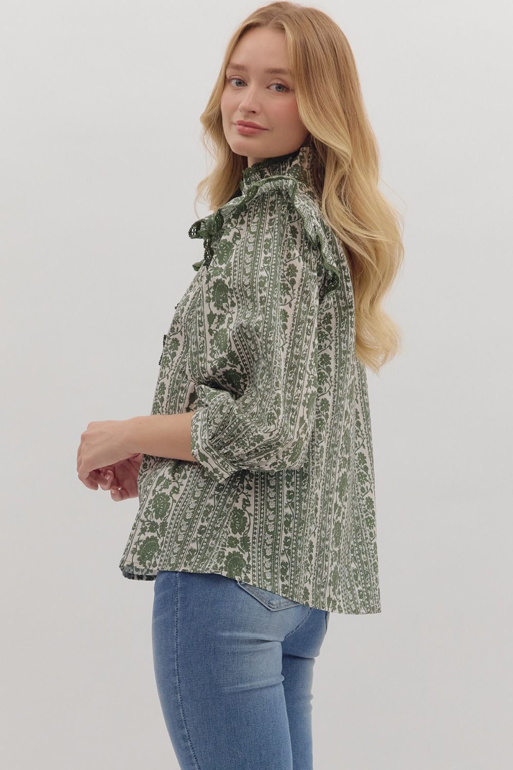 Ruffle Mock Neck Top- Olive Floral