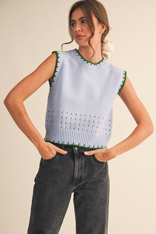 Blanket Stitch Sleeveless sweater- Blue/Green