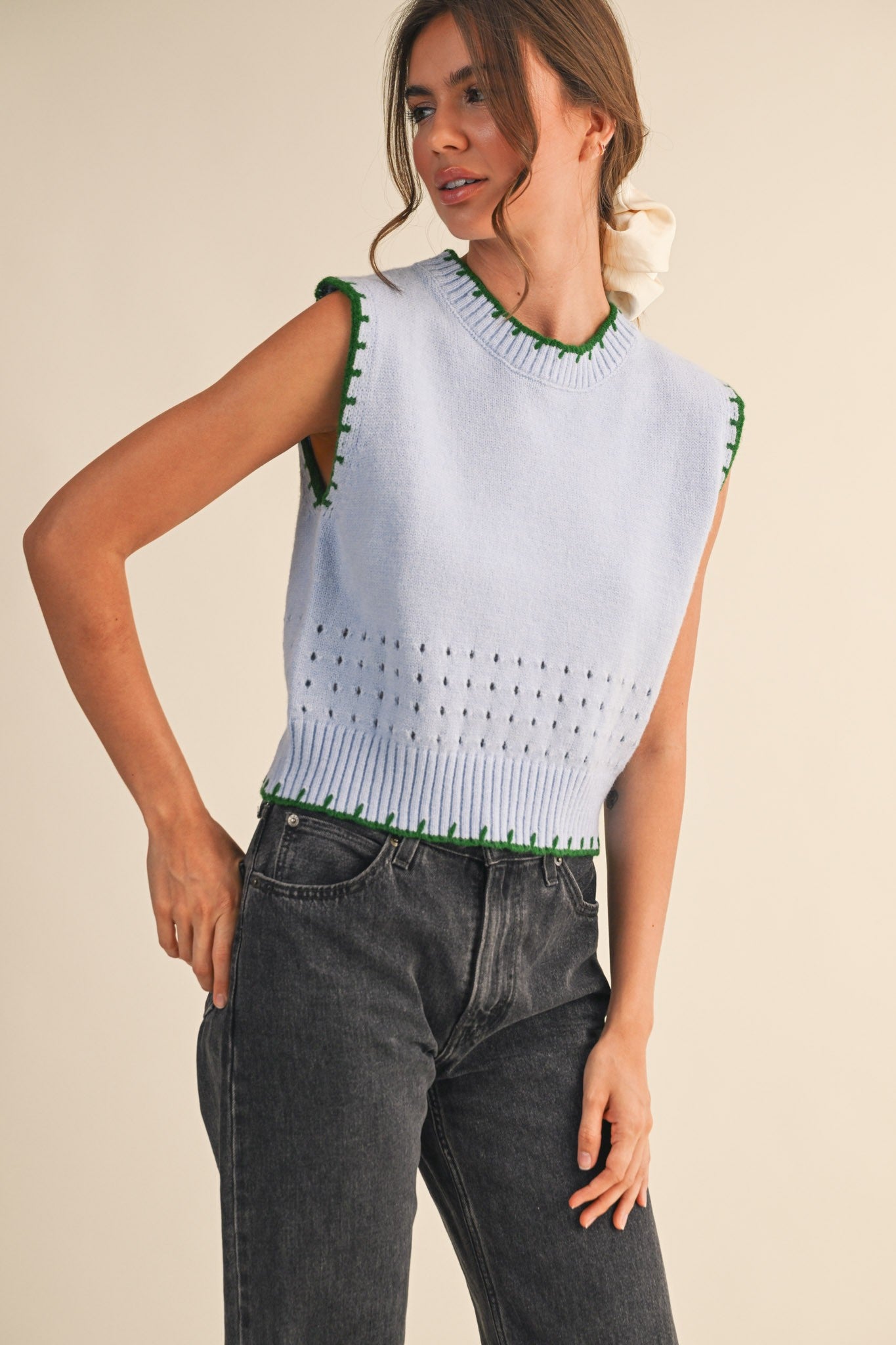 Blanket Stitch Sleeveless sweater- Blue/Green