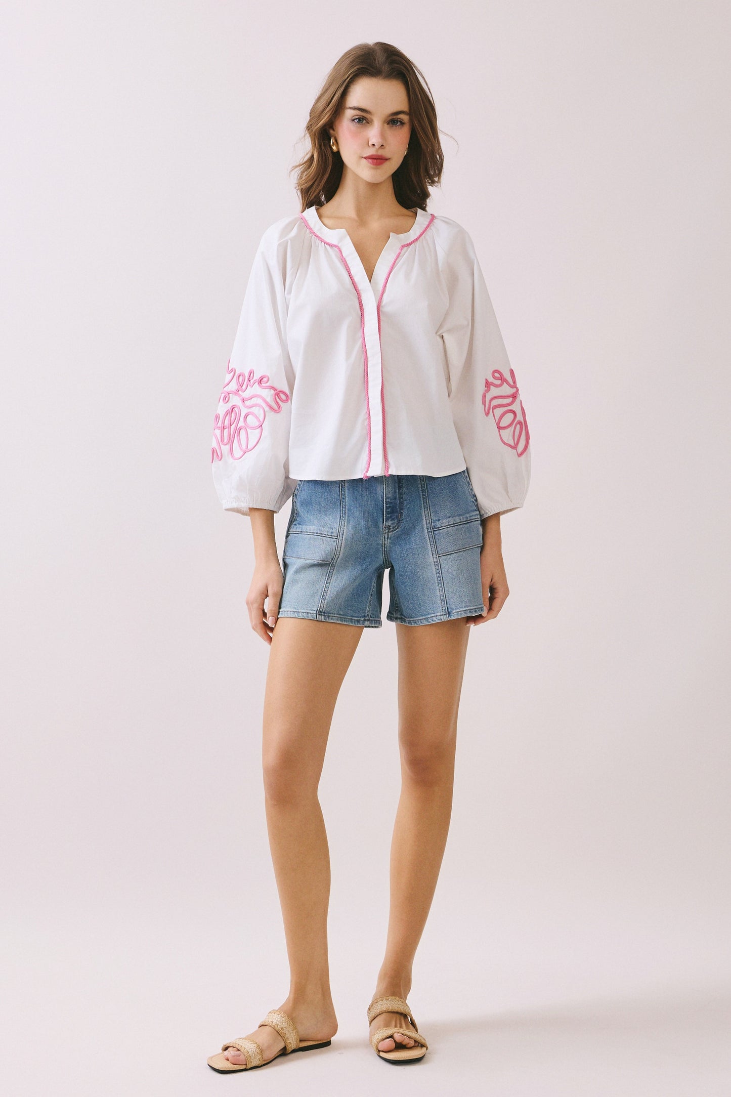 Embroidered Puff Sleeve Blouse- Pink