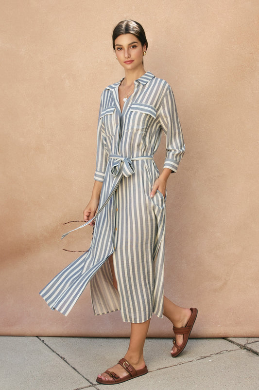 Saltwater Stripe Belted Maxi Shirt Dress