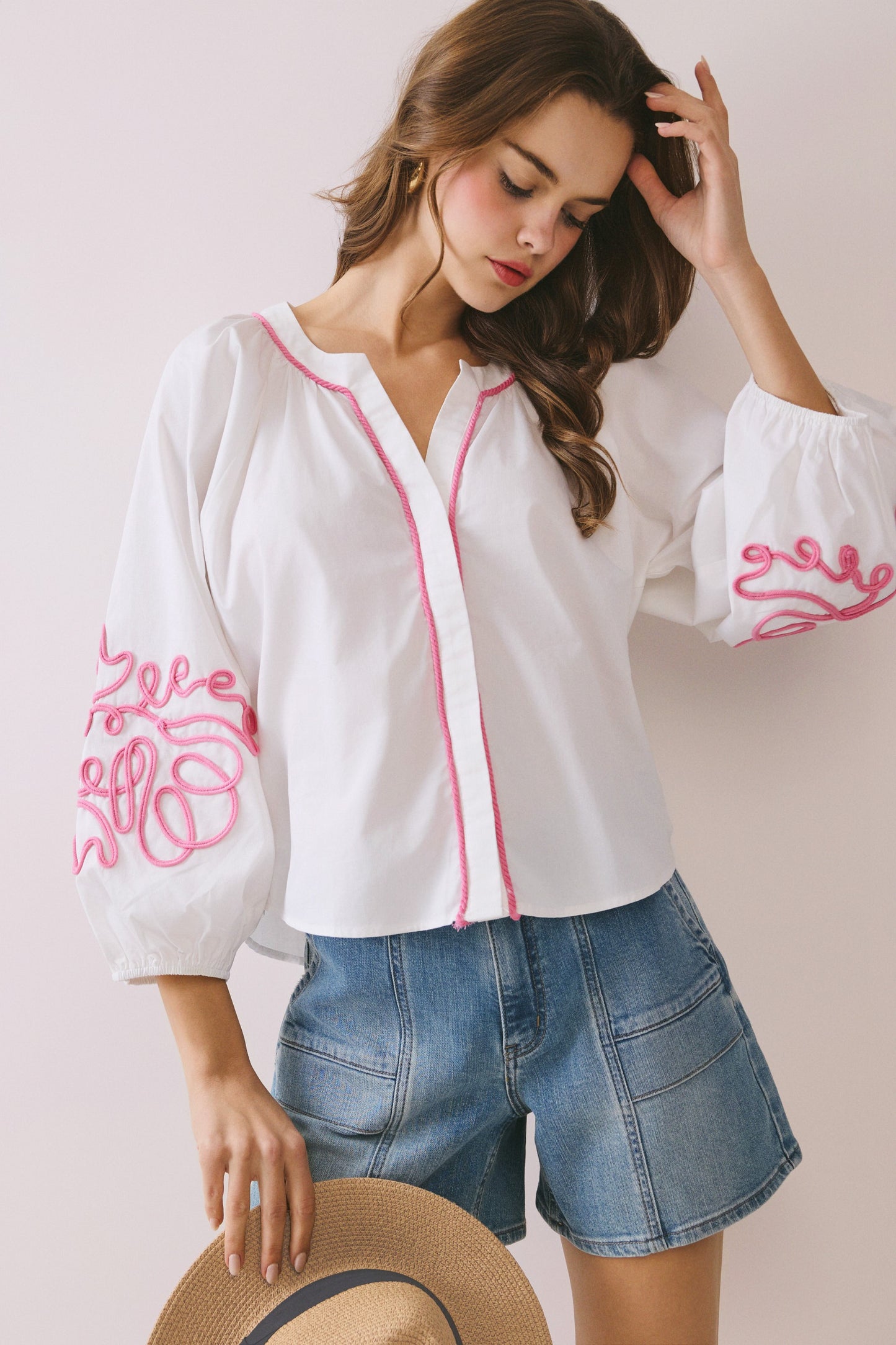 Embroidered Puff Sleeve Blouse- Pink