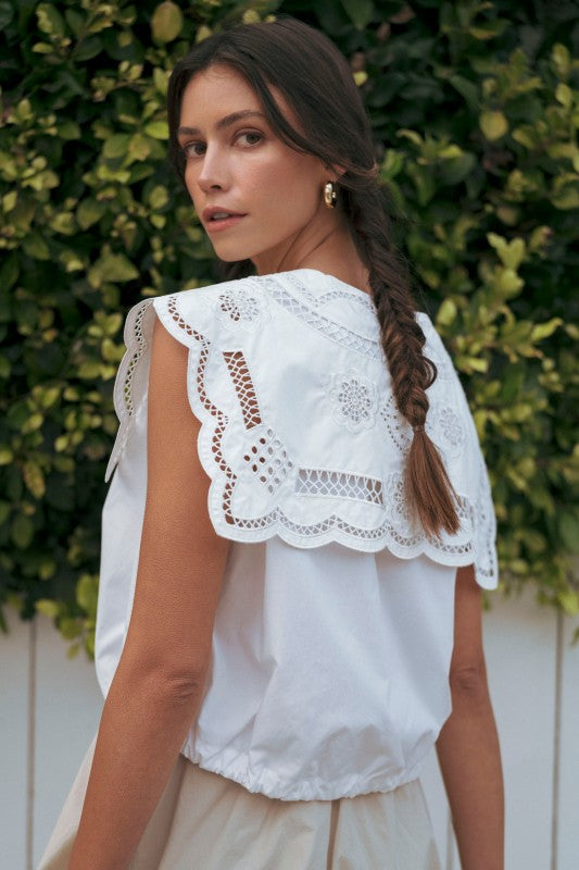 Embroidered Scallop Top- off white