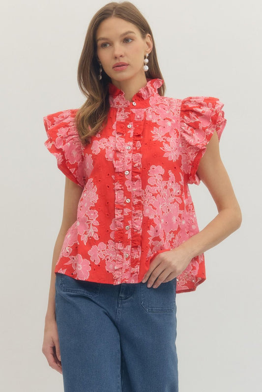 Floral print ruffle flutter sleeve top