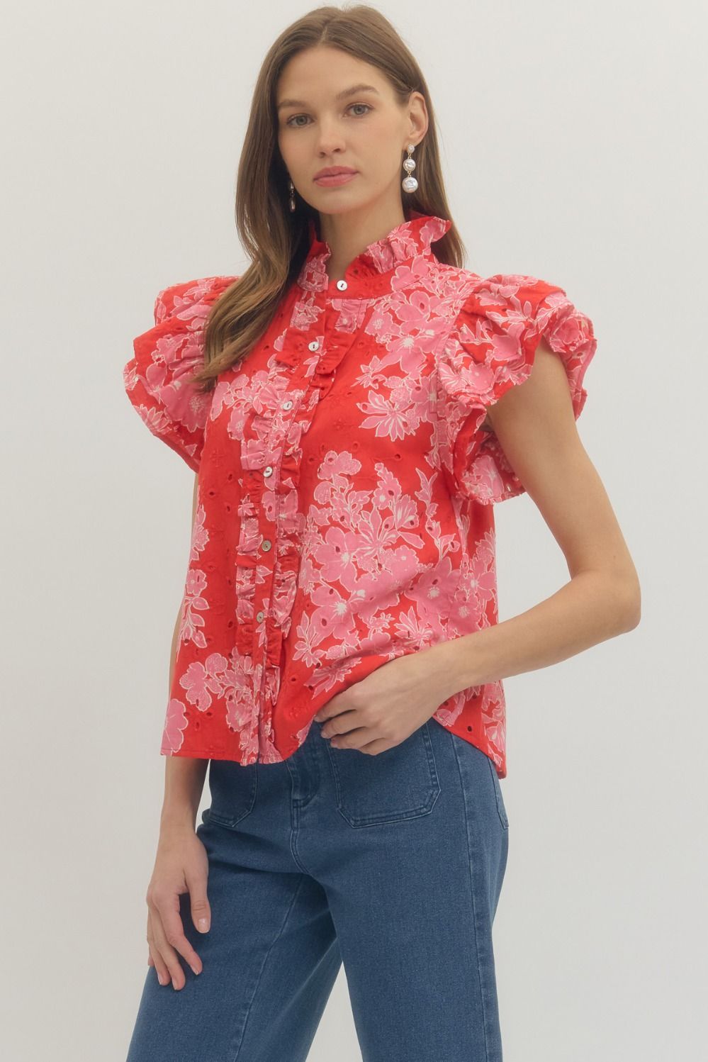 Floral print ruffle flutter sleeve top
