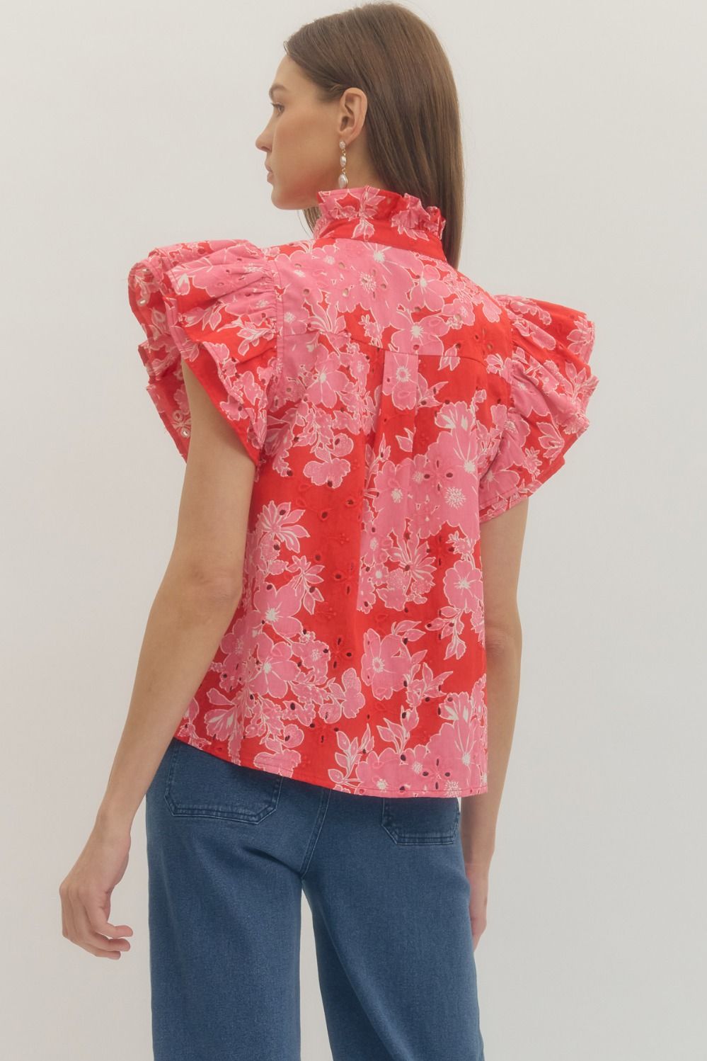 Floral print ruffle flutter sleeve top