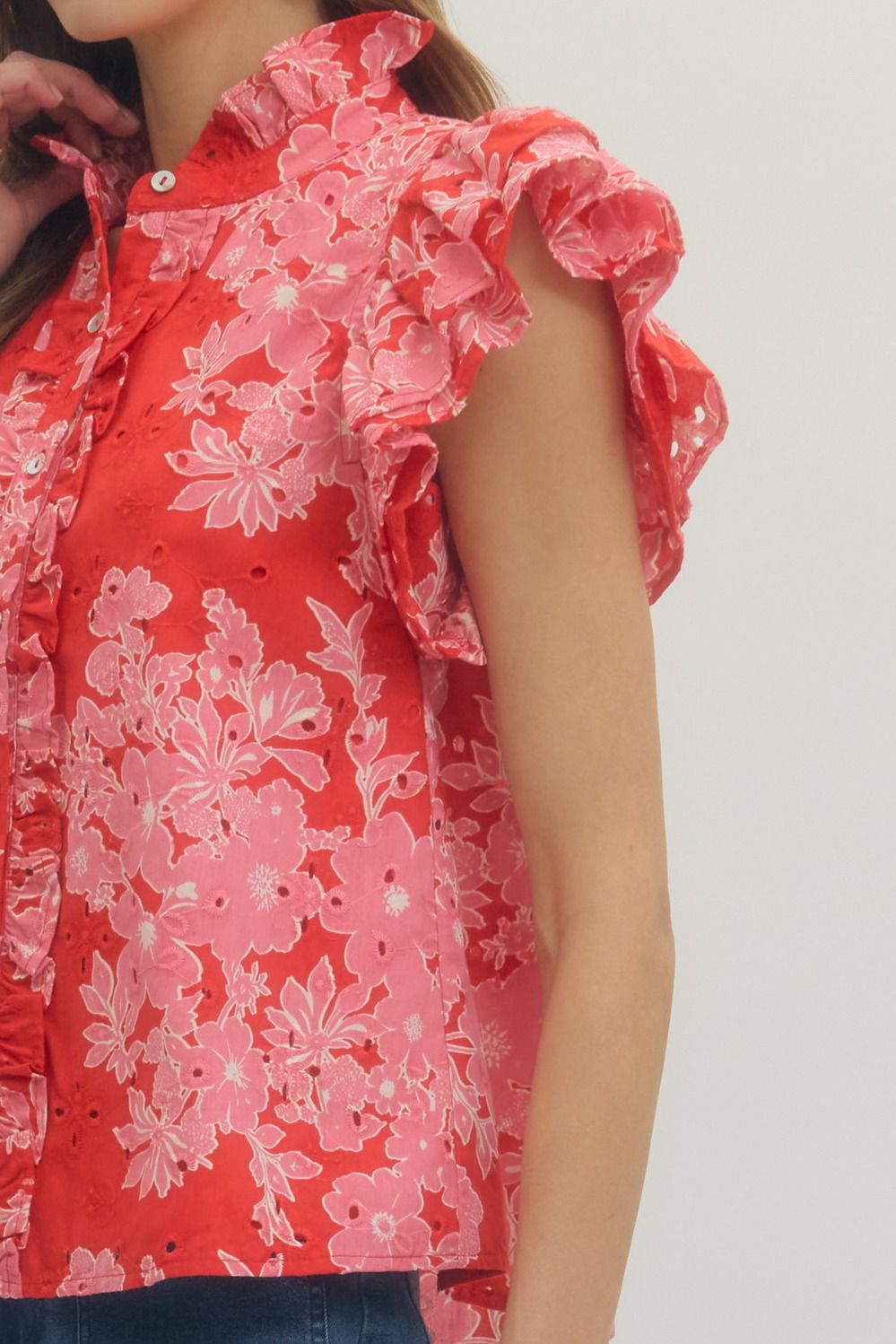 Floral print ruffle flutter sleeve top