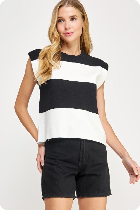 Stripe sleeveless sweater- off white/black