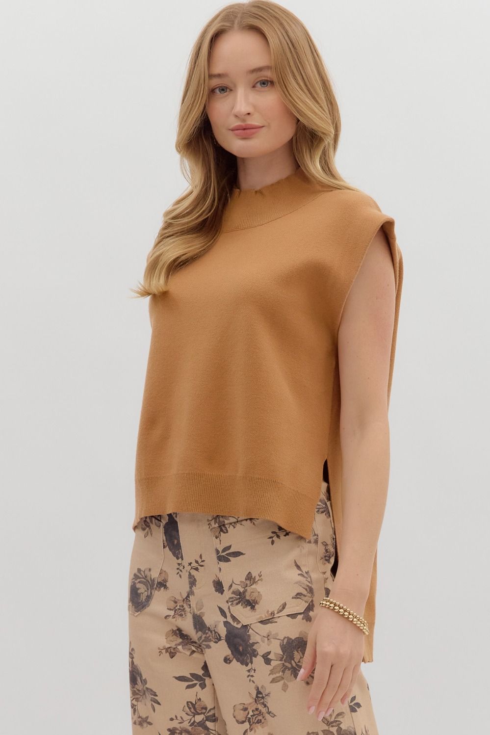 Hi Low Mock Neck Sweater- Camel
