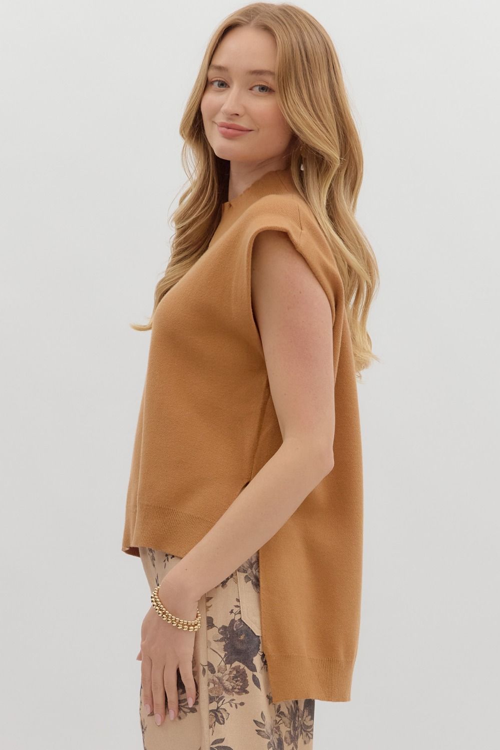 Hi Low Mock Neck Sweater- Camel