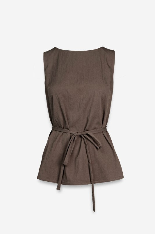Sleeveless Cinched Waist Top- Light Brown