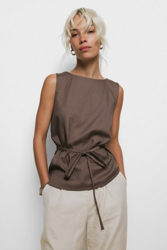Sleeveless Cinched Waist Top- Light Brown