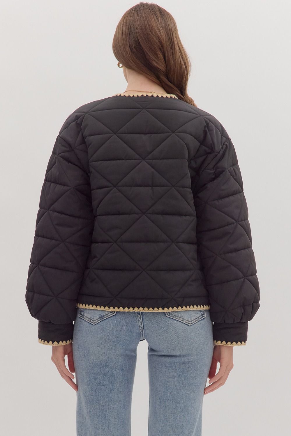 Black Quilted Jacket with Contrast Scallop Trim