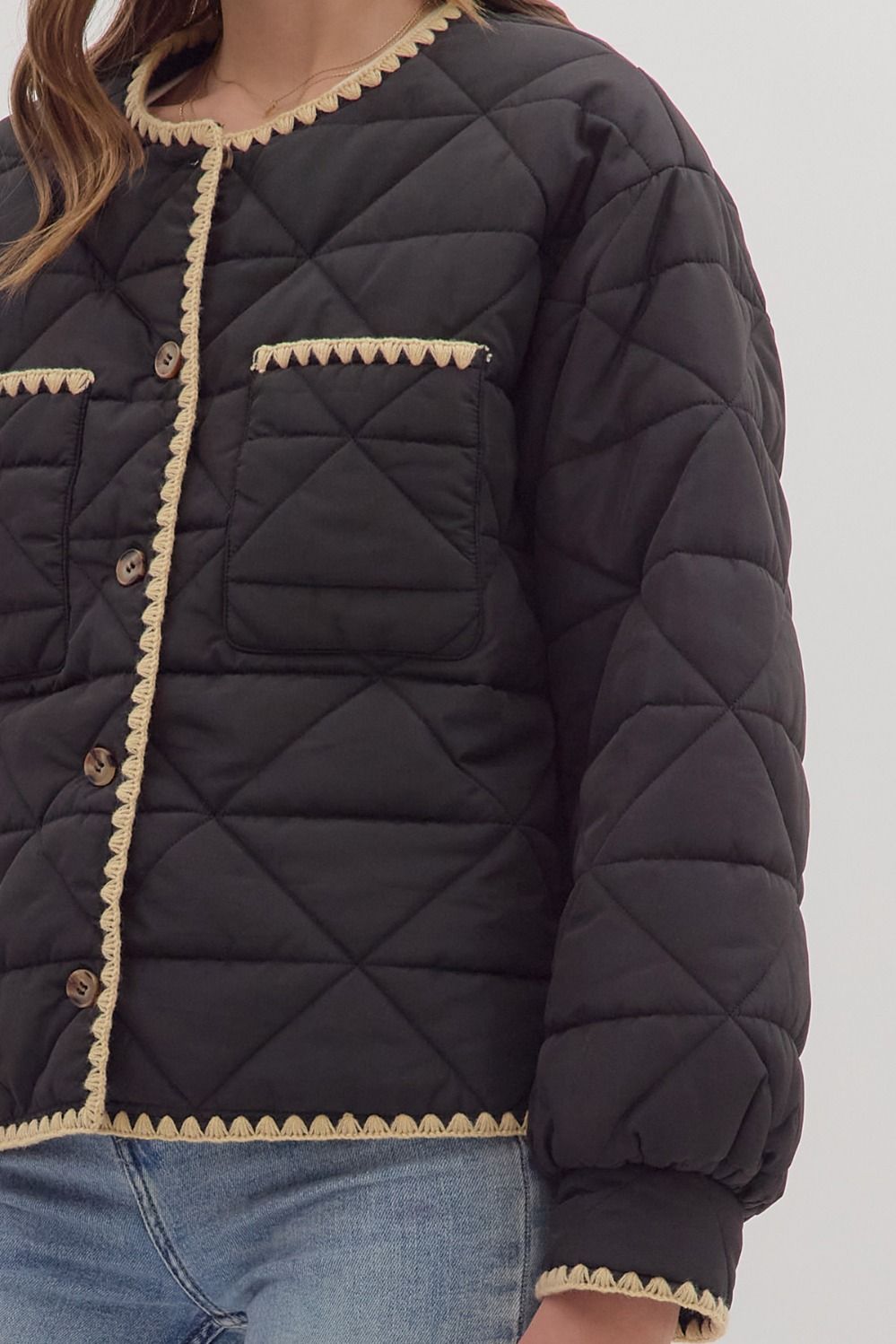 Black Quilted Jacket with Contrast Scallop Trim