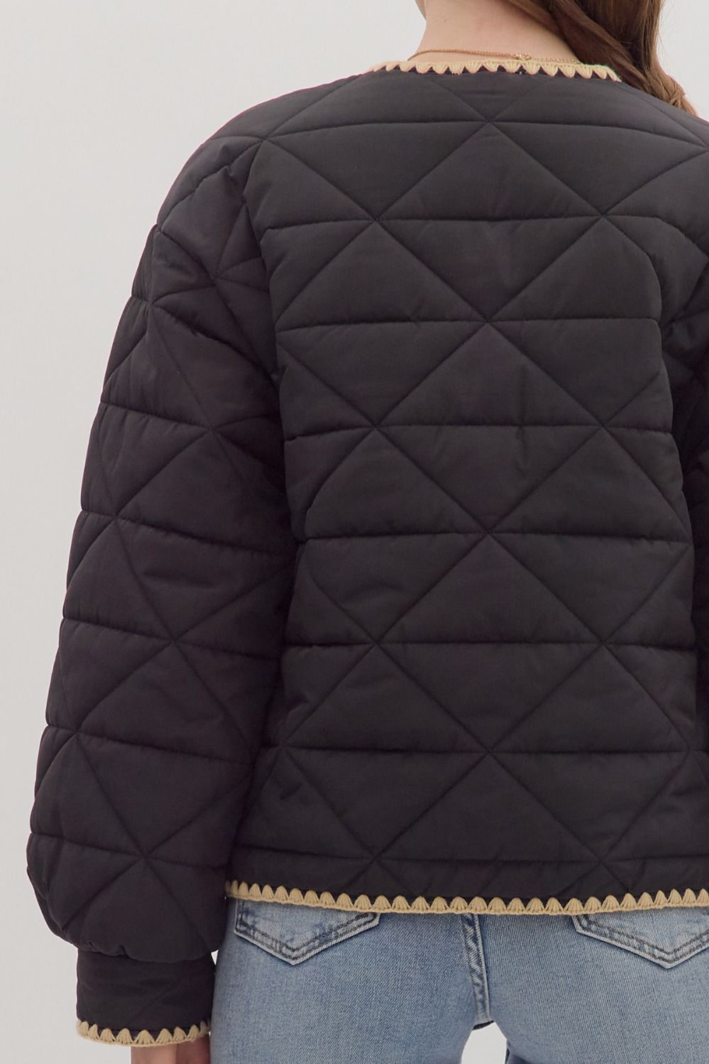 Black Quilted Jacket with Contrast Scallop Trim