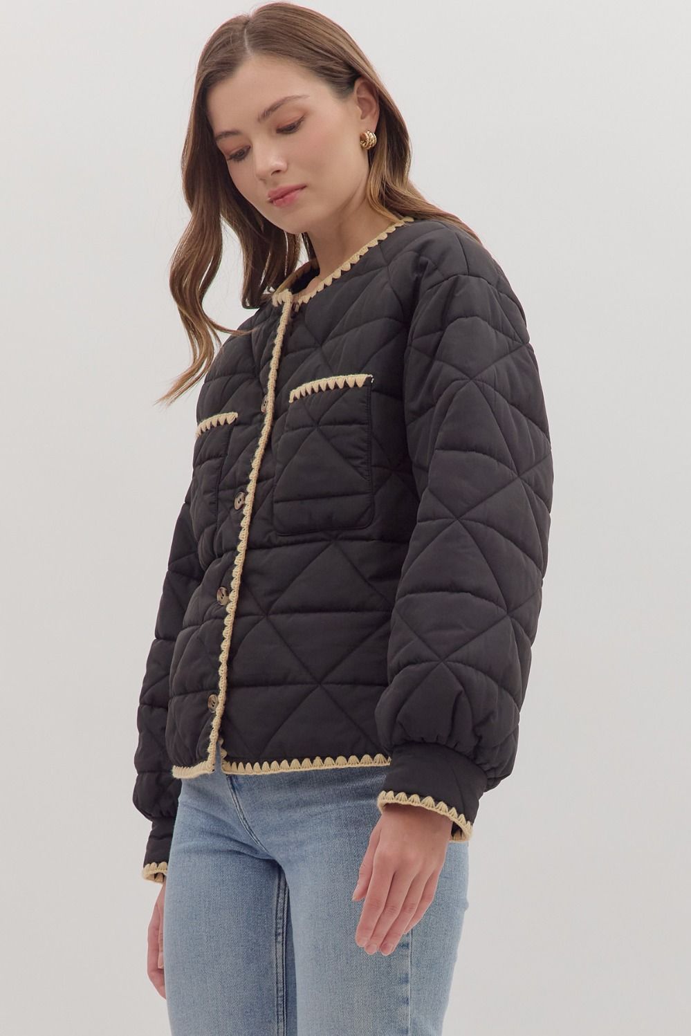 Black Quilted Jacket with Contrast Scallop Trim