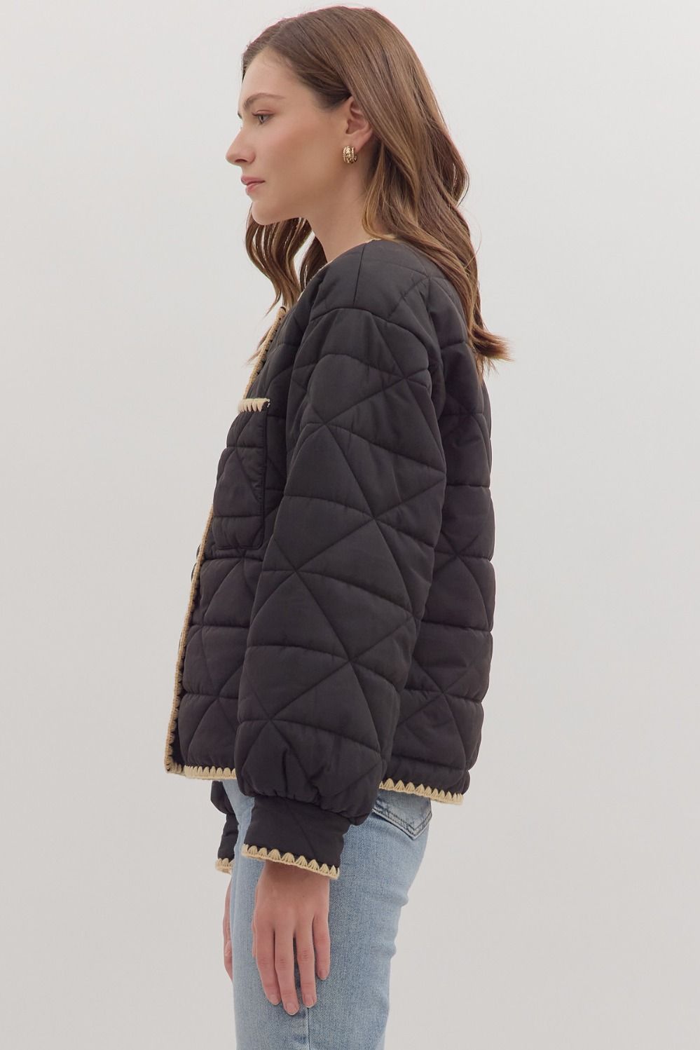 Black Quilted Jacket with Contrast Scallop Trim