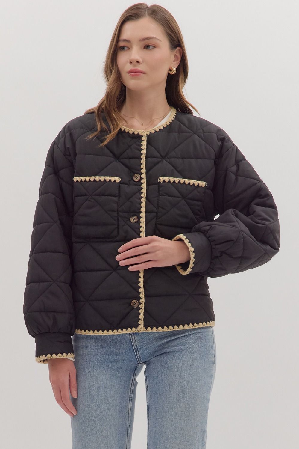 Black Quilted Jacket with Contrast Scallop Trim