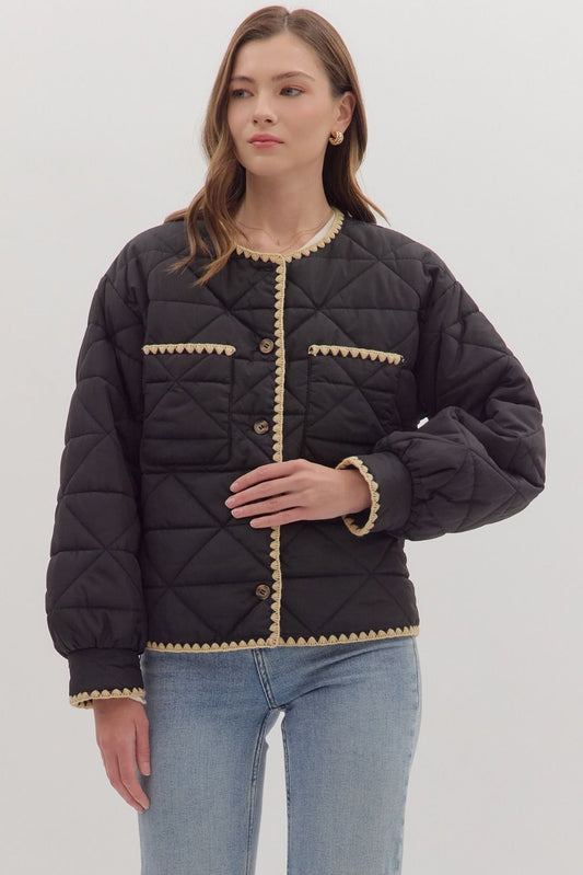 Black Quilted Jacket with Contrast Scallop Trim