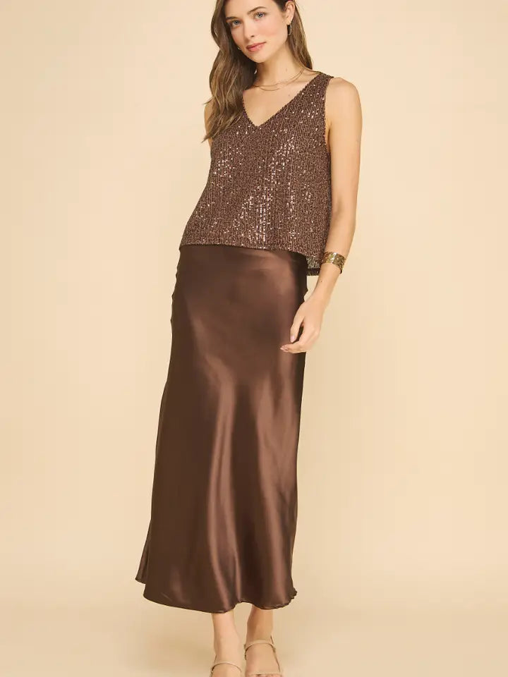 Satin Midi Skirt- Brown