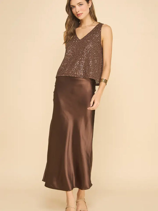 Satin Midi Skirt- Brown