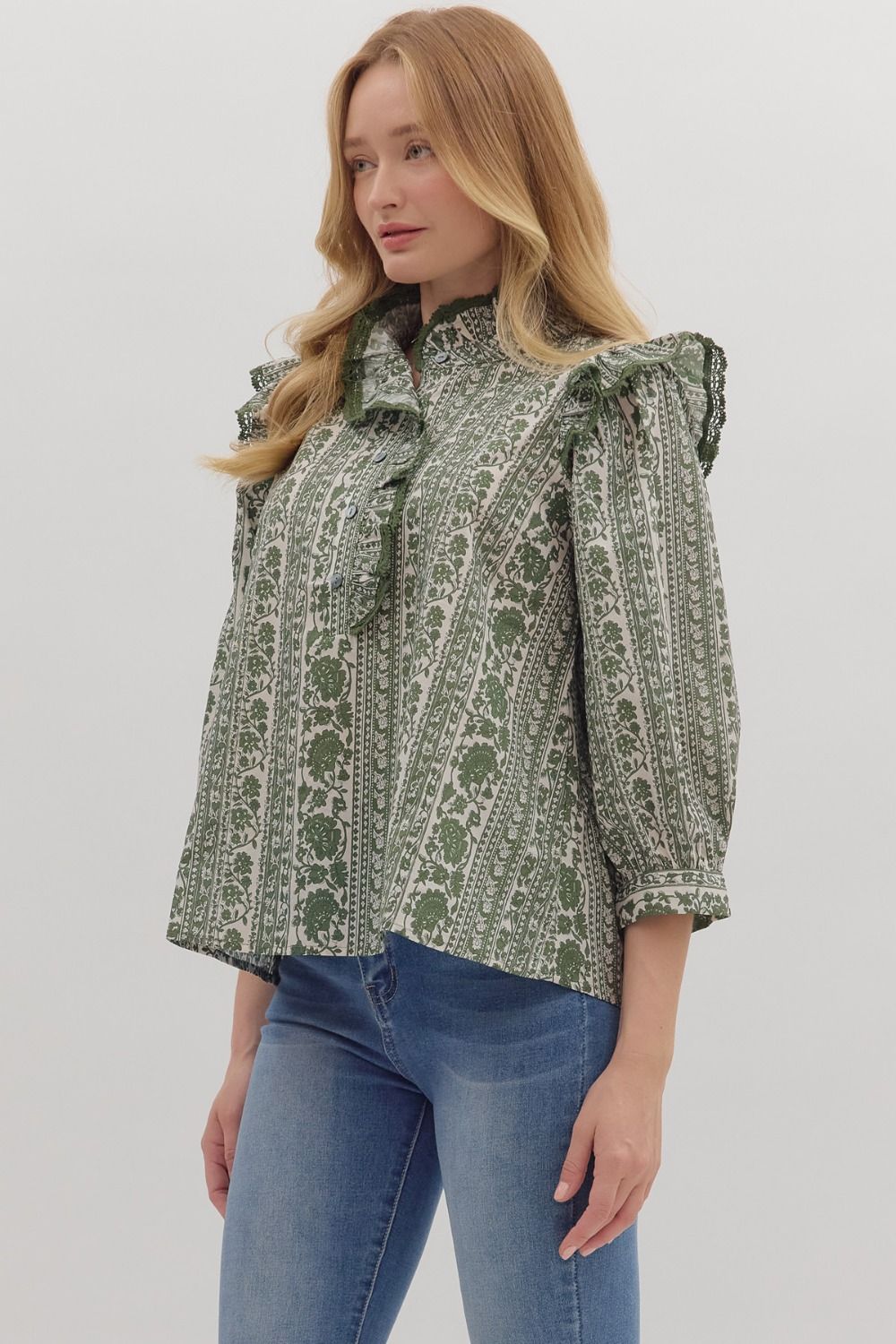 Ruffle Mock Neck Top- Olive Floral