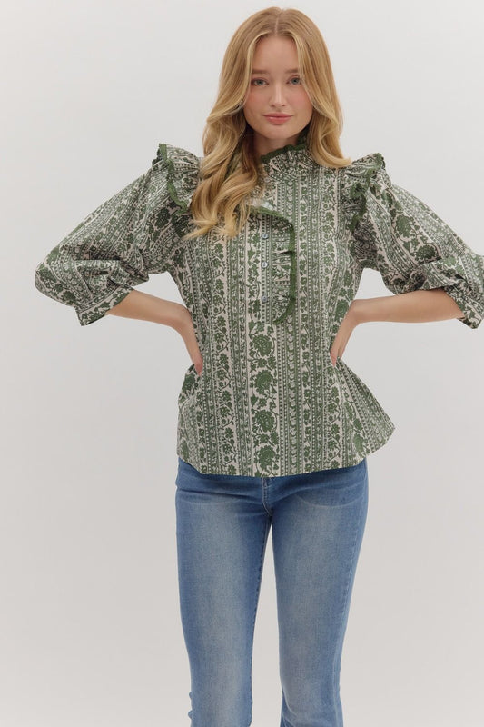 Ruffle Mock Neck Top- Olive Floral