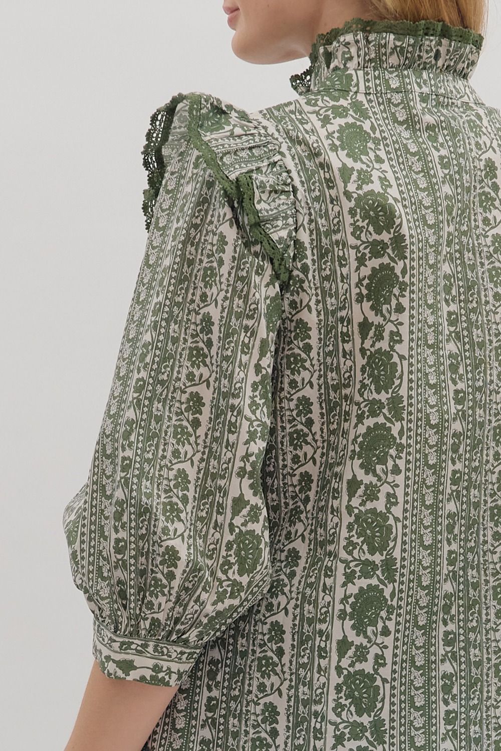 Ruffle Mock Neck Top- Olive Floral